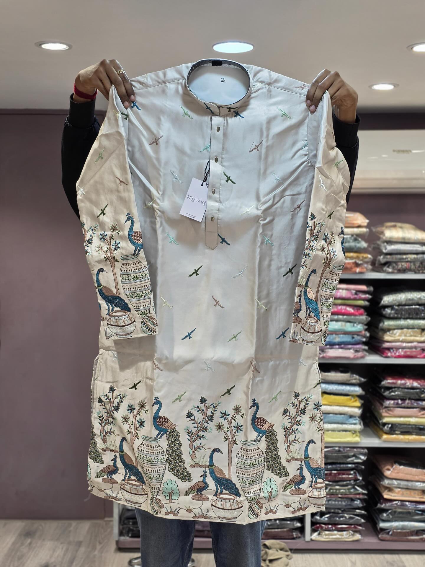 Modern embroidered kurta - Peacocks